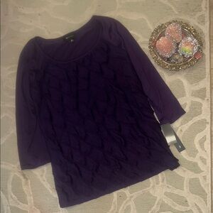 NWT🌷AB STUDIO🌷Purple diagonal tiered ruffle 3/4 sleeve poly rayon Spandex top